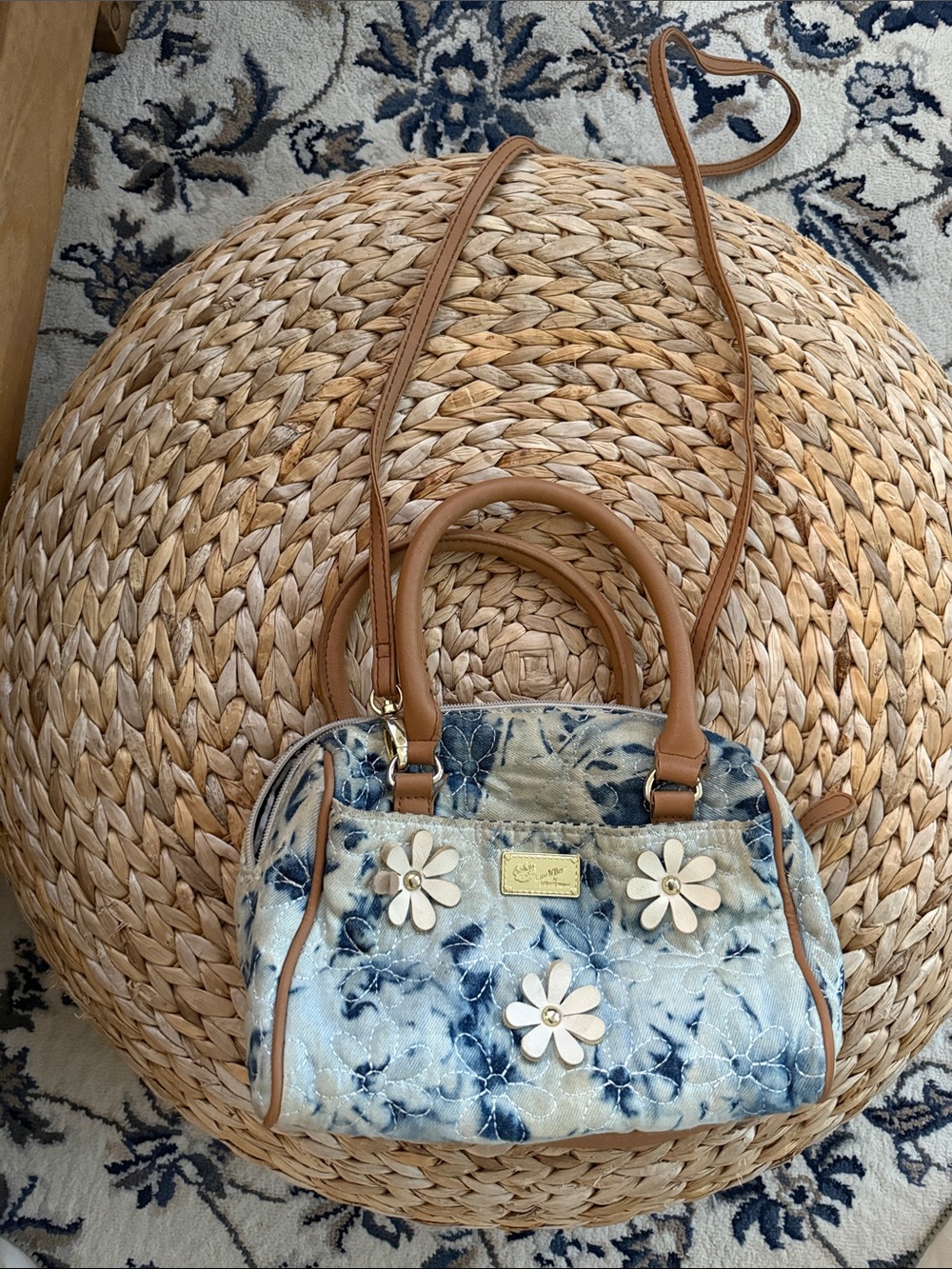 Betsey Johnson Blue Floral Quilted Satchel with Tan Handles and Strap